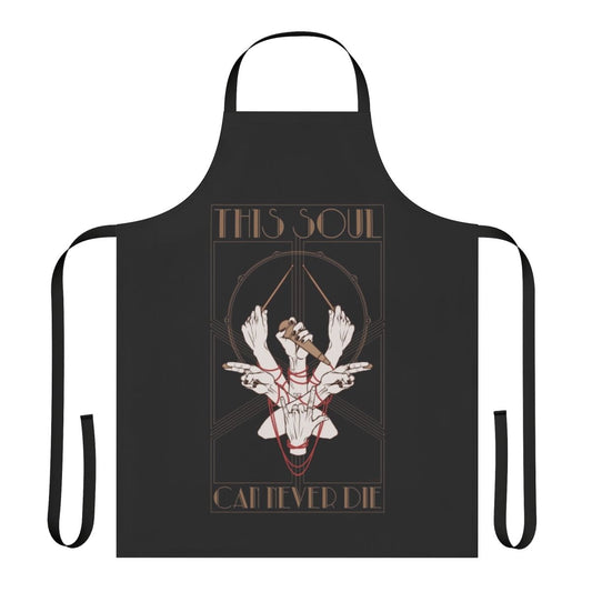 Handcrafted apron featuring a semi-realistic depiction of hands in an occult-inspired art nouveau style, perfect for visual kei music enthusiasts.