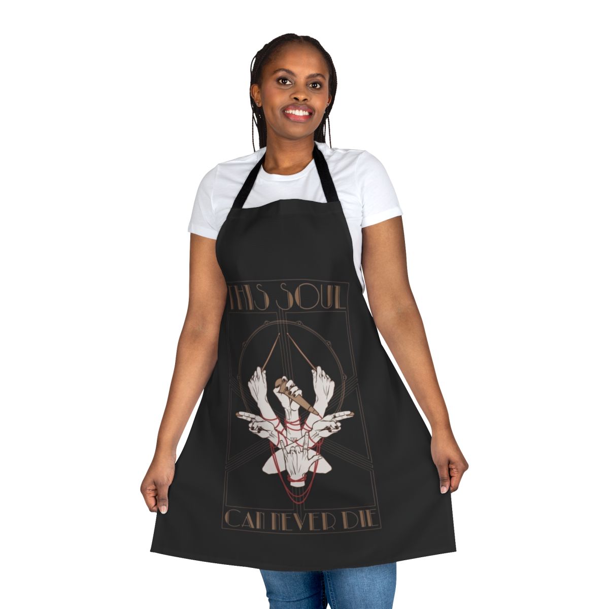 Handcrafted apron featuring a semi-realistic depiction of hands in an occult-inspired art nouveau style, perfect for visual kei music enthusiasts.