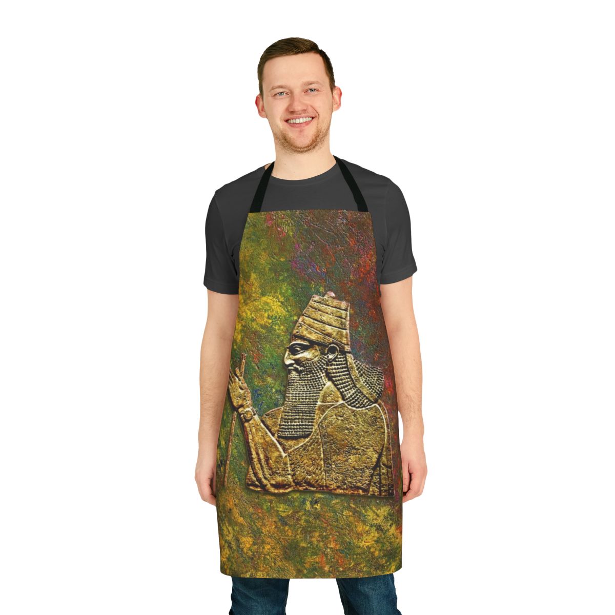 Beautifully designed apron featuring Assyrian-inspired motifs and patterns