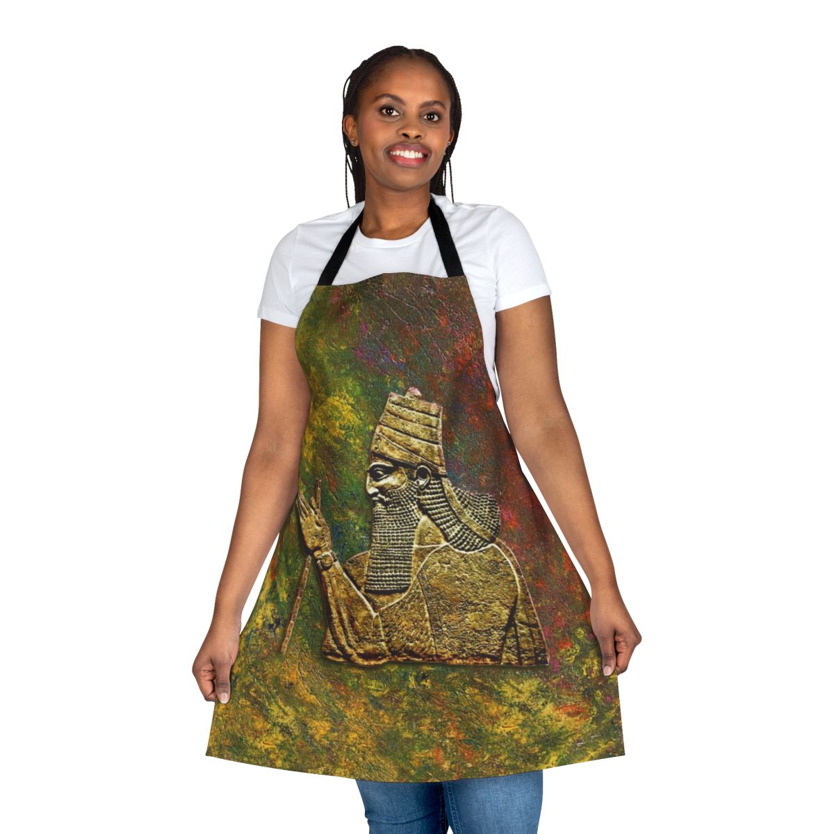 Beautifully designed apron featuring Assyrian-inspired motifs and patterns