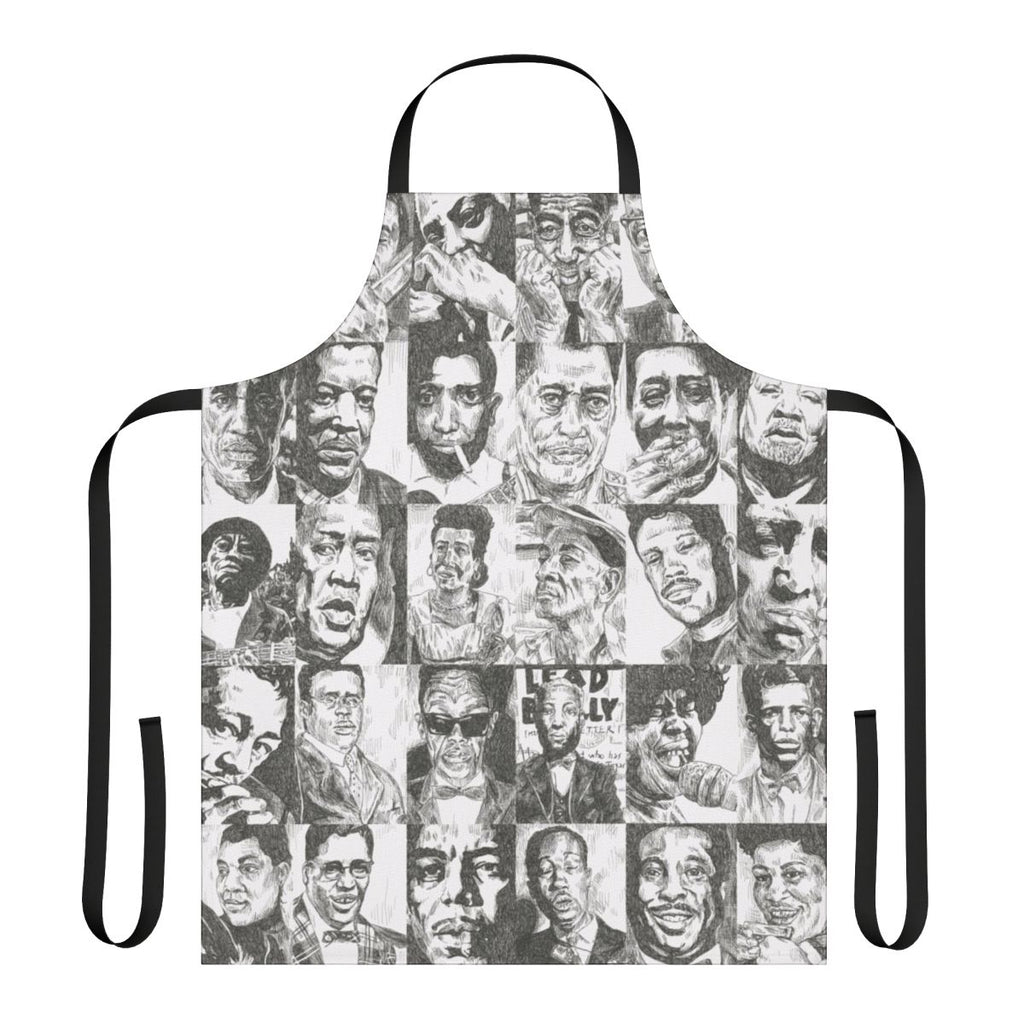 Handcrafted apron featuring portraits of legendary blues musicians like Robert Johnson, Muddy Waters, and more