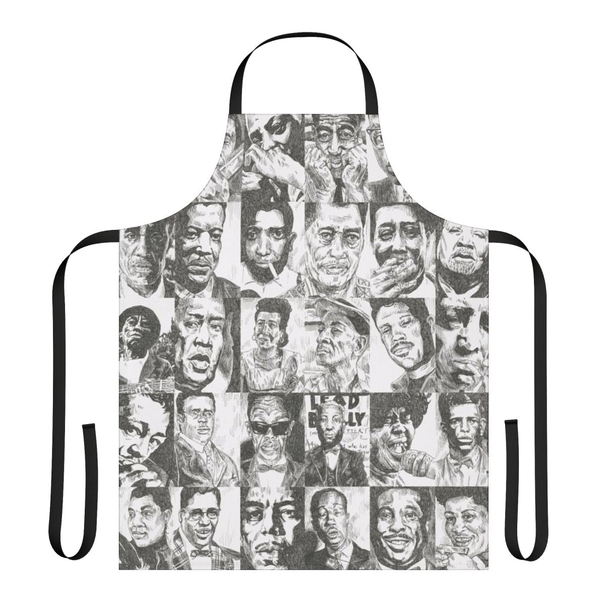 Handcrafted apron featuring portraits of legendary blues musicians like Robert Johnson, Muddy Waters, and more