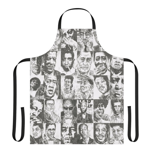 Handcrafted apron featuring portraits of legendary blues musicians like Robert Johnson, Muddy Waters, and more