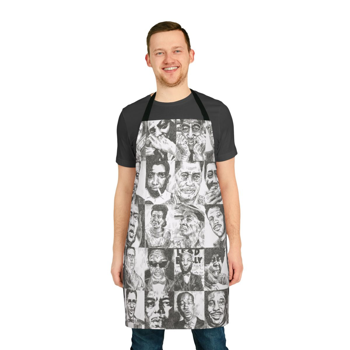 Handcrafted apron featuring portraits of legendary blues musicians like Robert Johnson, Muddy Waters, and more