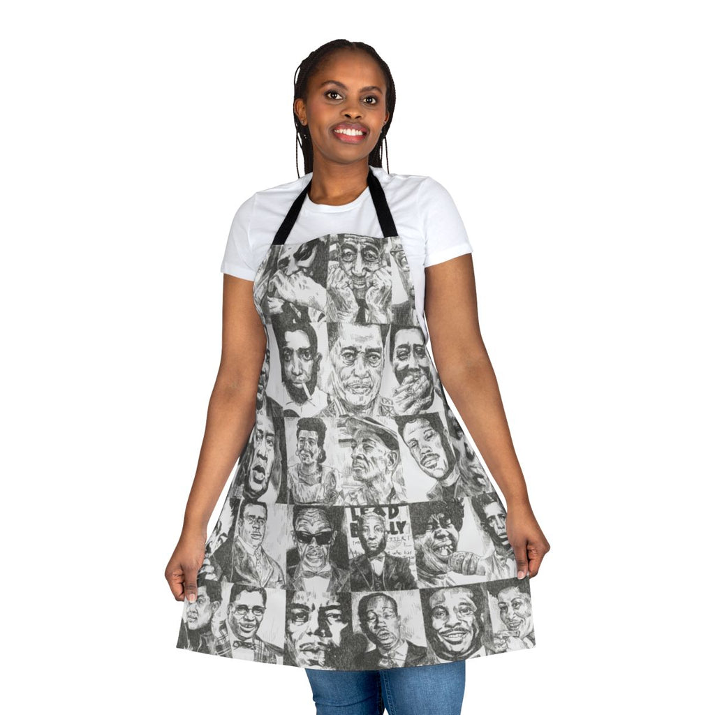 Handcrafted apron featuring portraits of legendary blues musicians like Robert Johnson, Muddy Waters, and more