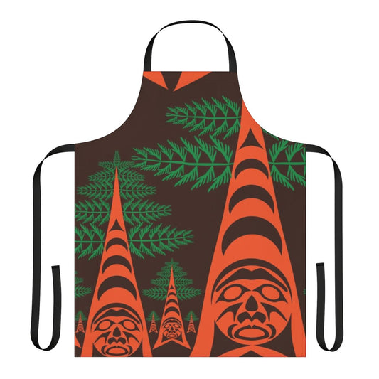 A beautifully crafted apron featuring a cedar forest motif in the style of Coast Salish and First Nations art.