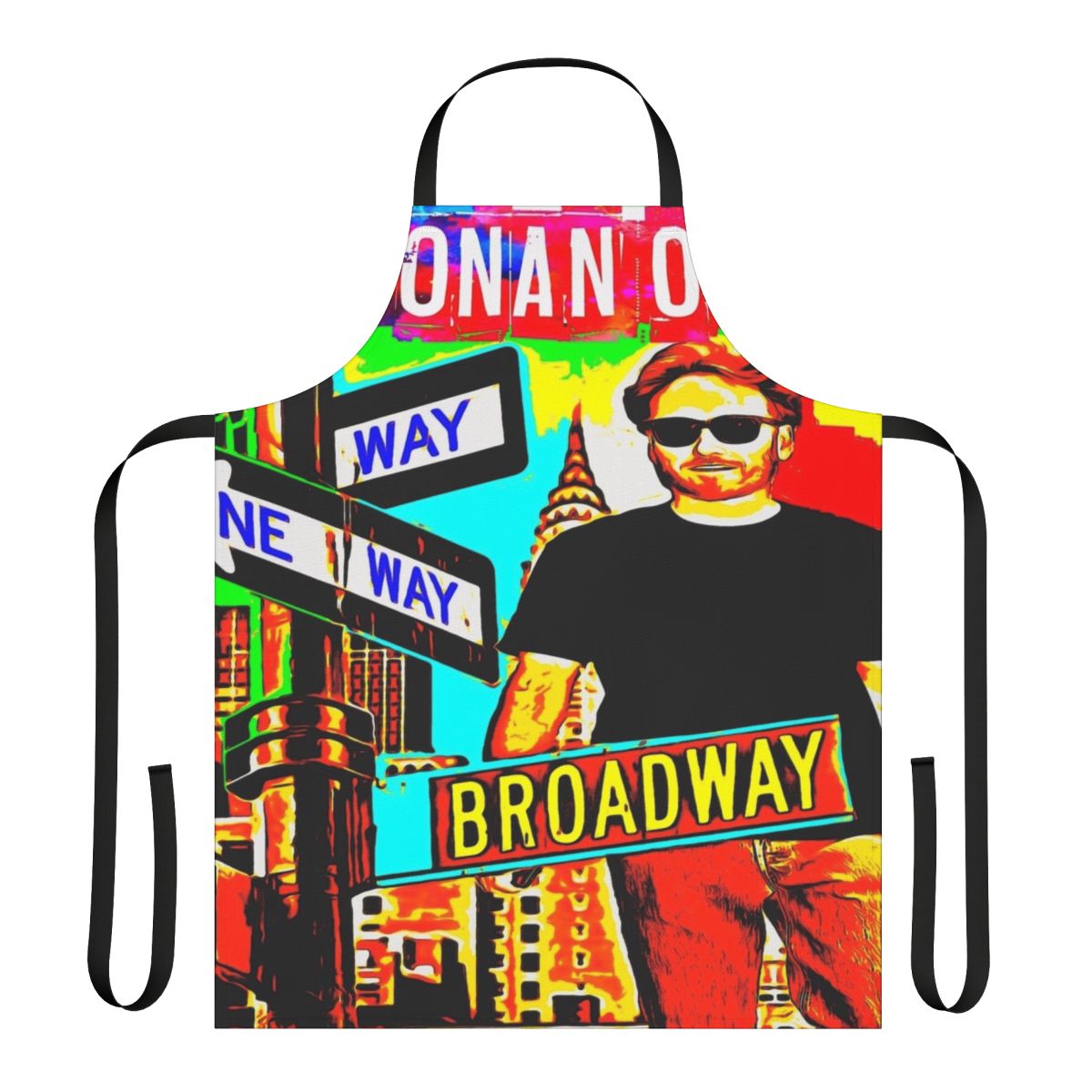 Colorful watercolor portrait of Conan O'Brien printed on a high-quality apron