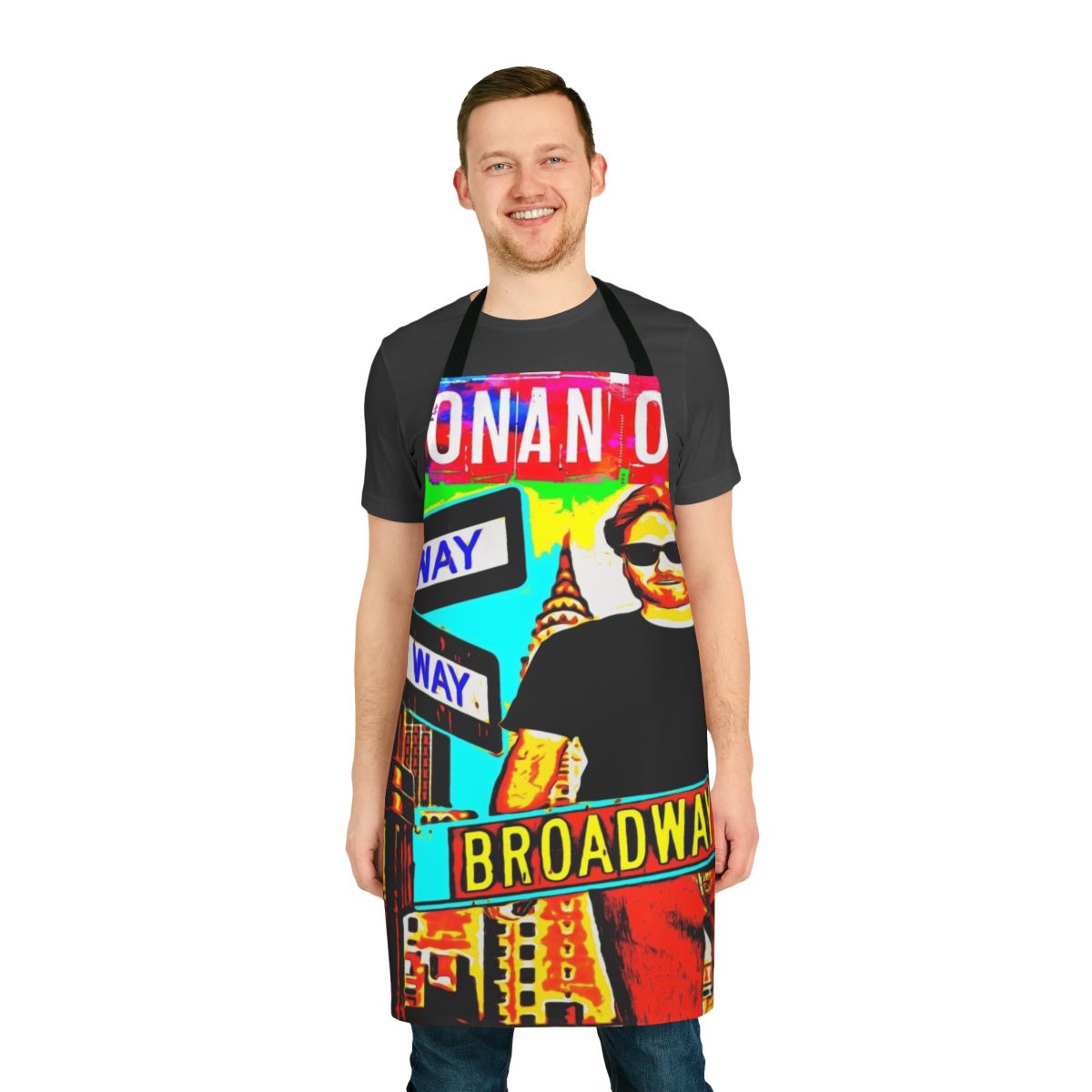 Colorful watercolor portrait of Conan O'Brien printed on a high-quality apron