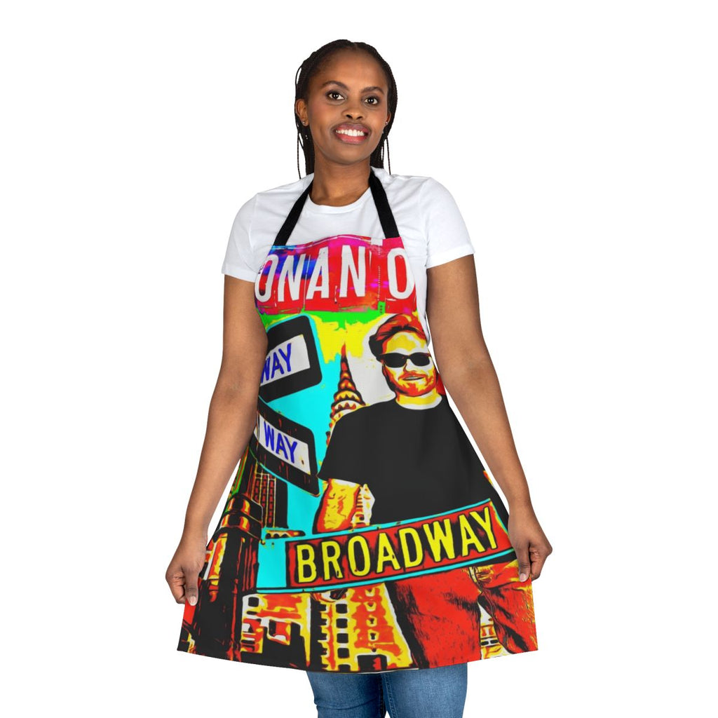 Colorful watercolor portrait of Conan O'Brien printed on a high-quality apron