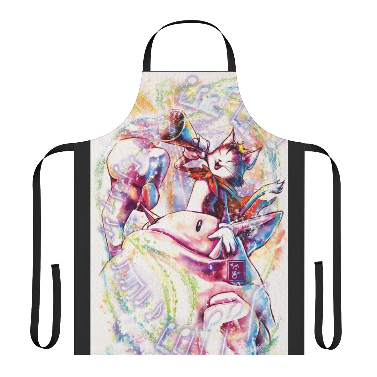 Colorful watercolor-style Final Fantasy-inspired apron featuring characters like Cloud, Tifa, and Cait Sith.