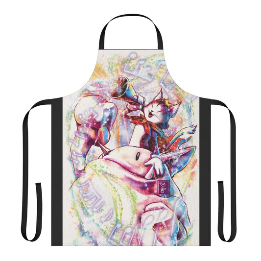Colorful watercolor-style Final Fantasy-inspired apron featuring characters like Cloud, Tifa, and Cait Sith.