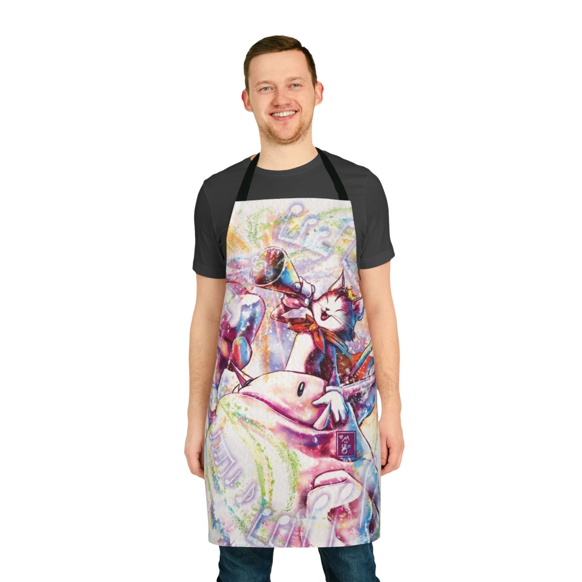 Colorful watercolor-style Final Fantasy-inspired apron featuring characters like Cloud, Tifa, and Cait Sith.
