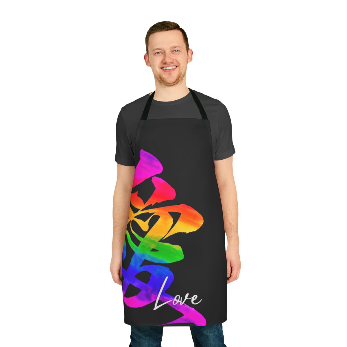 Vibrant apron featuring Japanese calligraphy art with a message of love, diversity, and world peace.