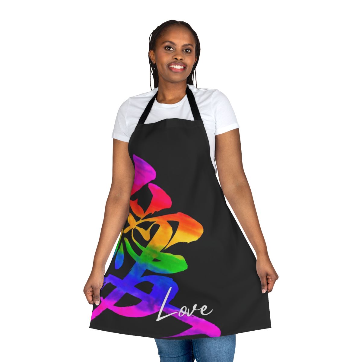 Vibrant apron featuring Japanese calligraphy art with a message of love, diversity, and world peace.