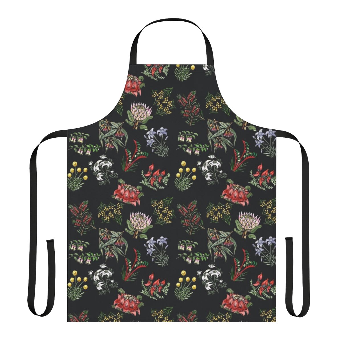 Handcrafted lino print apron featuring vibrant native Australian flowers and foliage.