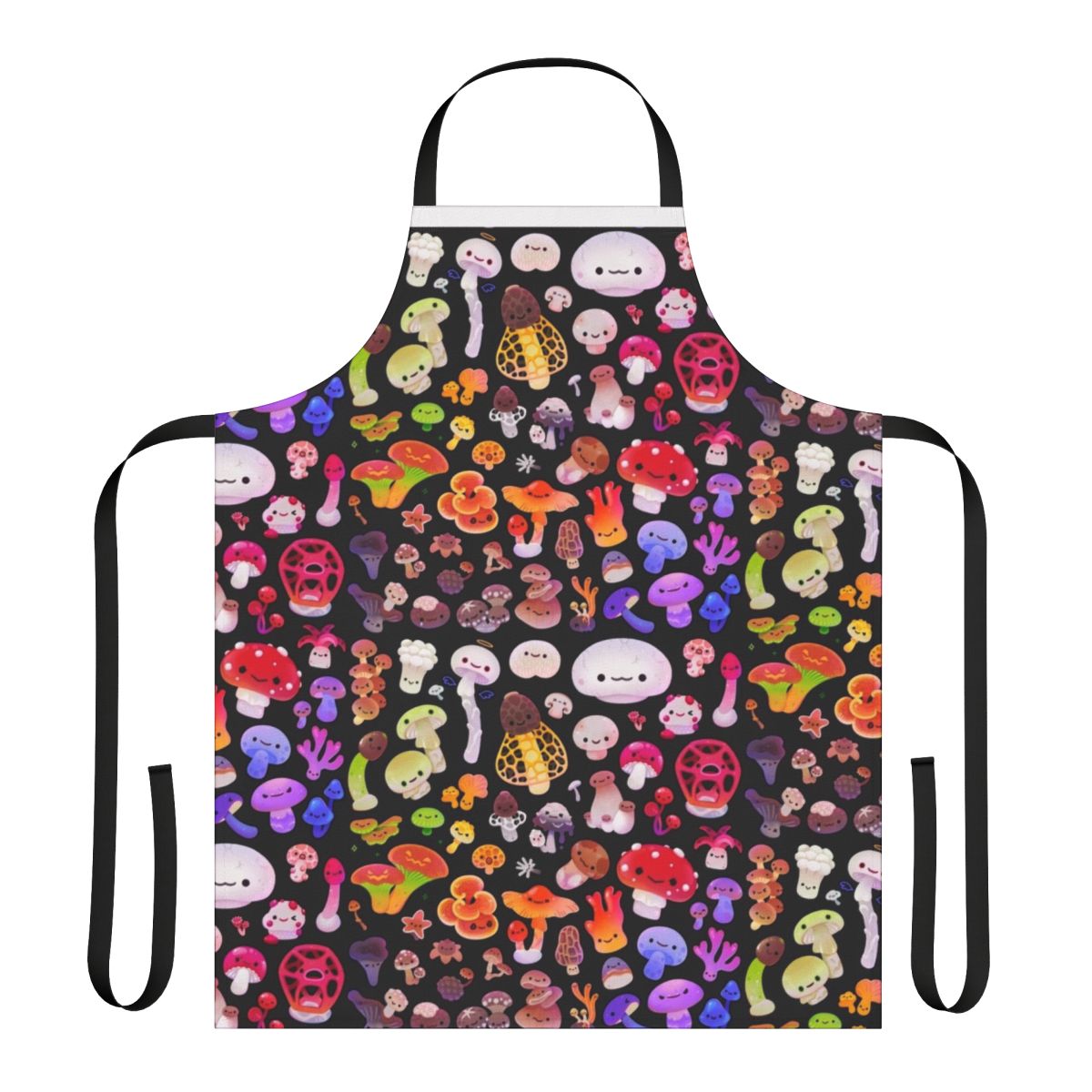 Photograph of a handmade apron featuring a mushroom print design
