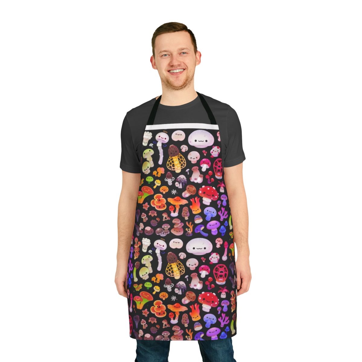 Photograph of a handmade apron featuring a mushroom print design