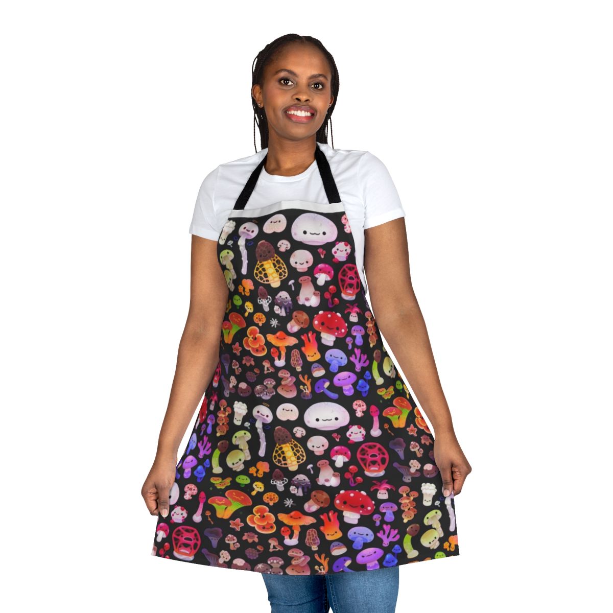 Photograph of a handmade apron featuring a mushroom print design