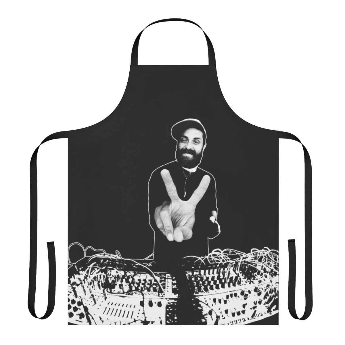 Handcrafted music-themed apron with analog synthesizer and music artist graphics