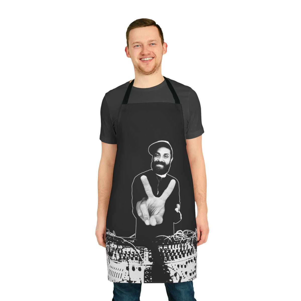 Handcrafted music-themed apron with analog synthesizer and music artist graphics