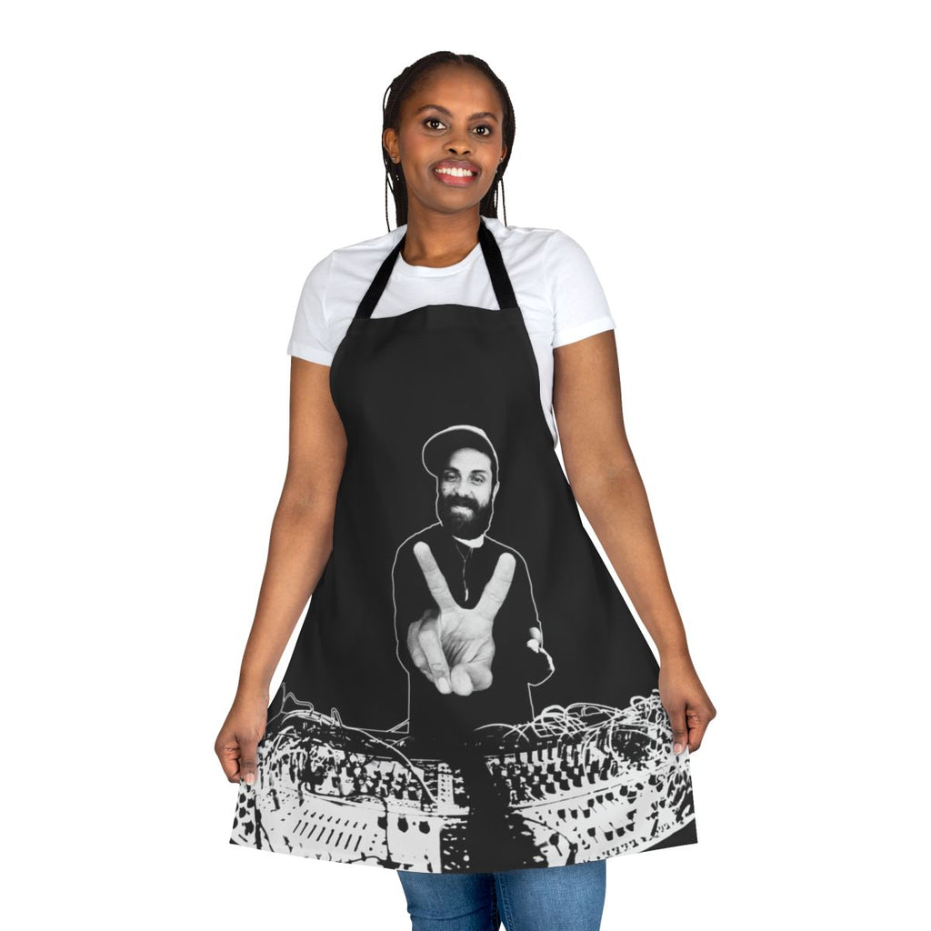 Handcrafted music-themed apron with analog synthesizer and music artist graphics