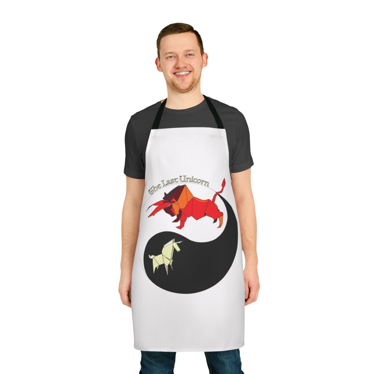 Handcrafted origami yin yang unicorn design printed on a high-quality apron.