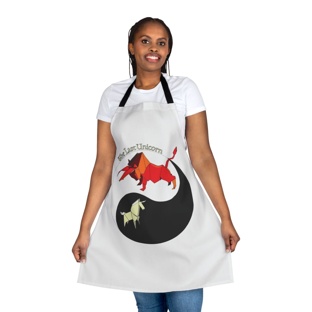 Handcrafted origami yin yang unicorn design printed on a high-quality apron.