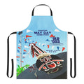 Handcrafted Padstow Cornwall May Day Oss inspired apron with images of a hobby horse, flags, and ribbons.