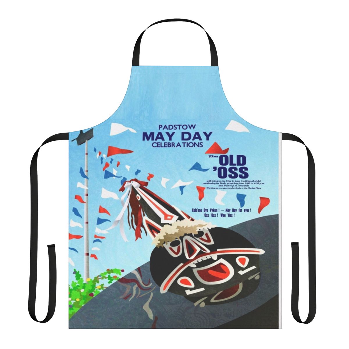 Handcrafted Padstow Cornwall May Day Oss inspired apron with images of a hobby horse, flags, and ribbons.