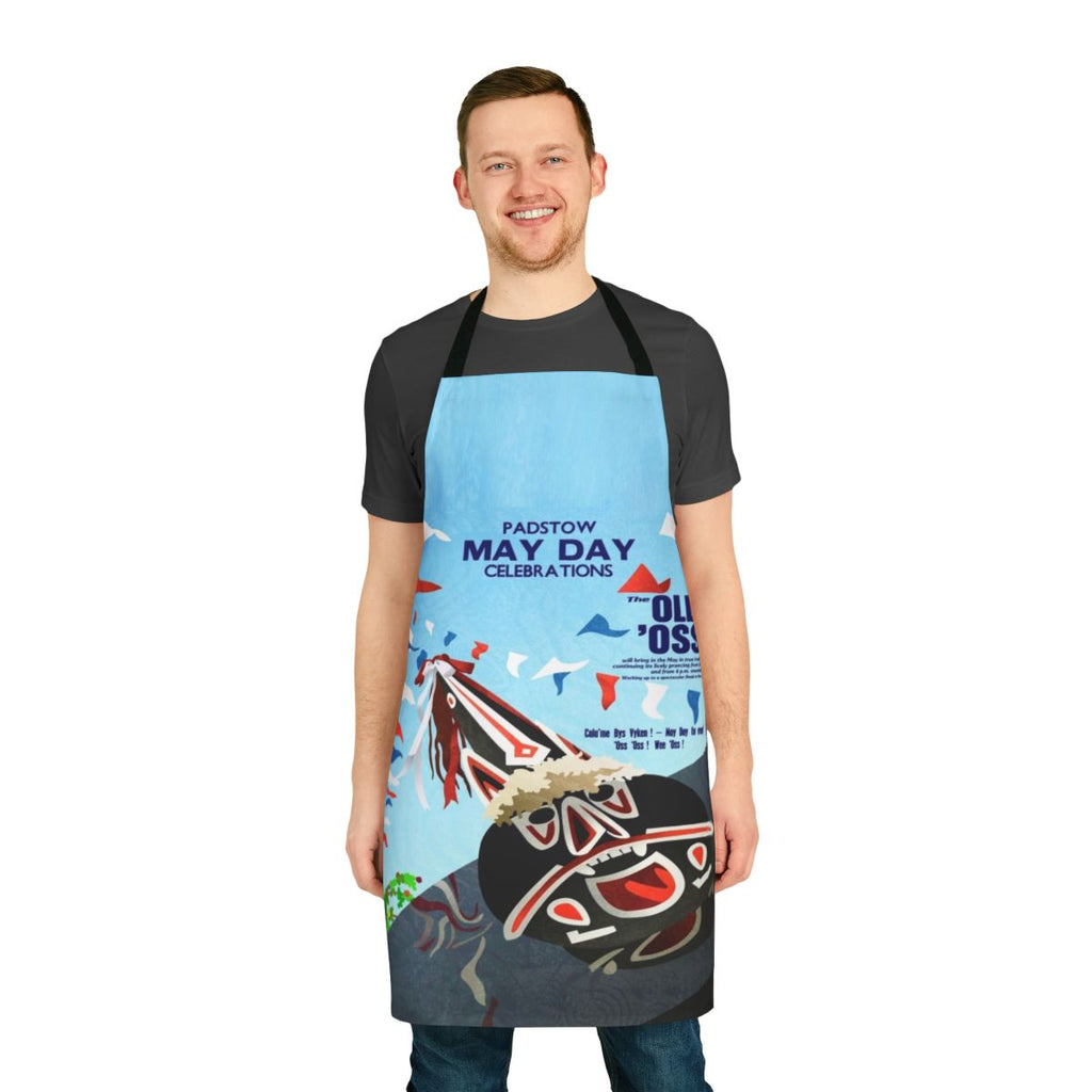 Handcrafted Padstow Cornwall May Day Oss inspired apron with images of a hobby horse, flags, and ribbons.