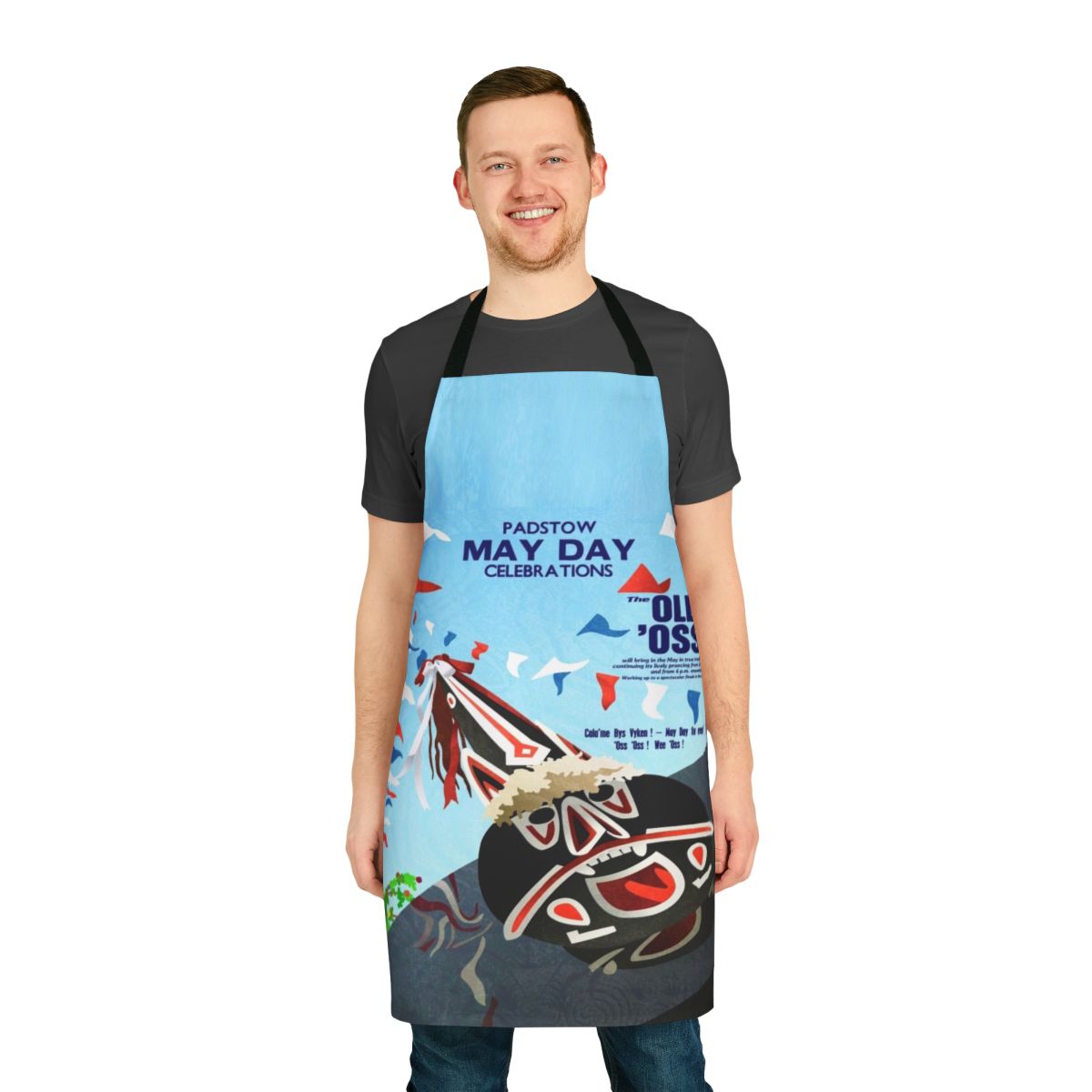 Handcrafted Padstow Cornwall May Day Oss inspired apron with images of a hobby horse, flags, and ribbons.