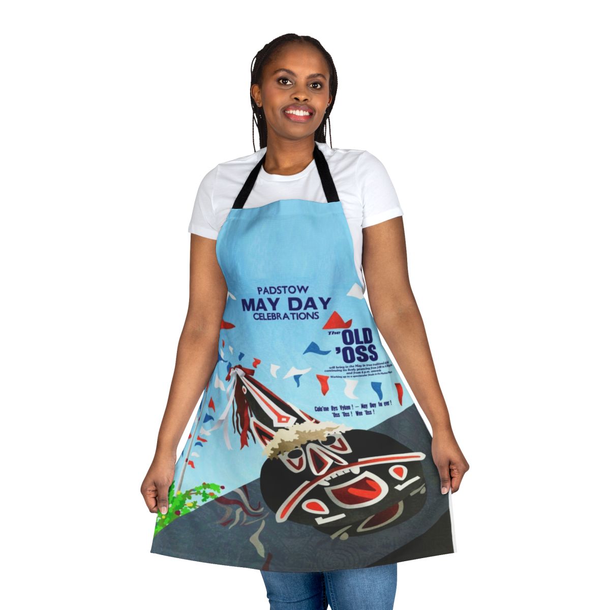 Handcrafted Padstow Cornwall May Day Oss inspired apron with images of a hobby horse, flags, and ribbons.