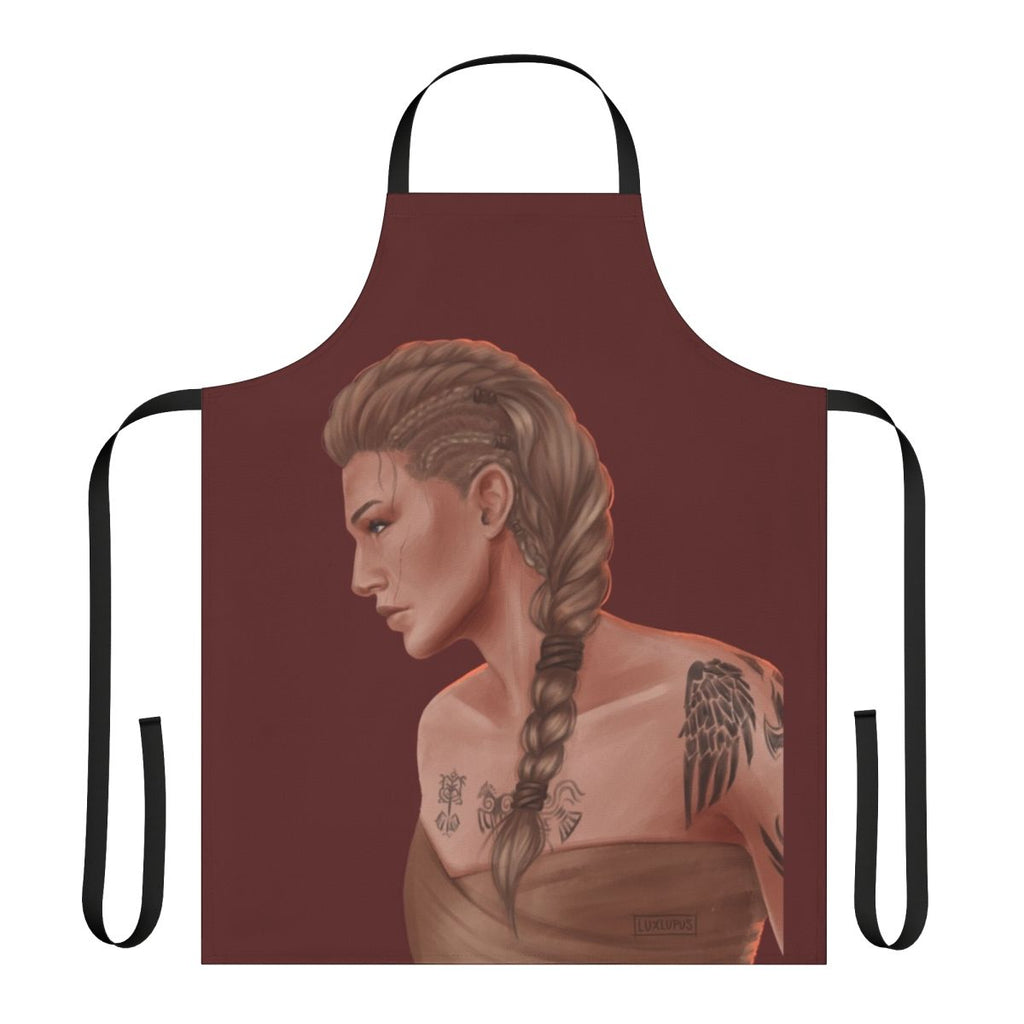 An image of a high-quality, durable apron featuring the Eivor character from the Assassin's Creed Valhalla video game.