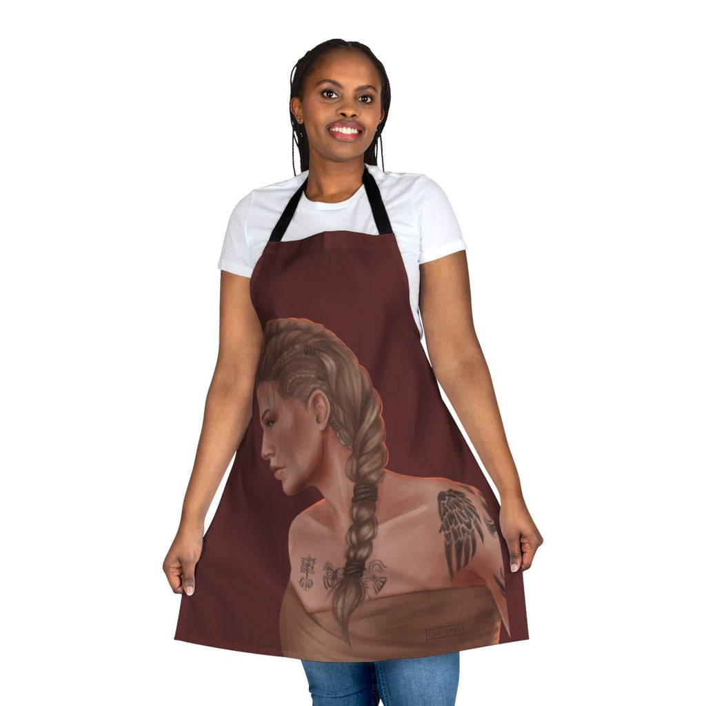 An image of a high-quality, durable apron featuring the Eivor character from the Assassin's Creed Valhalla video game.
