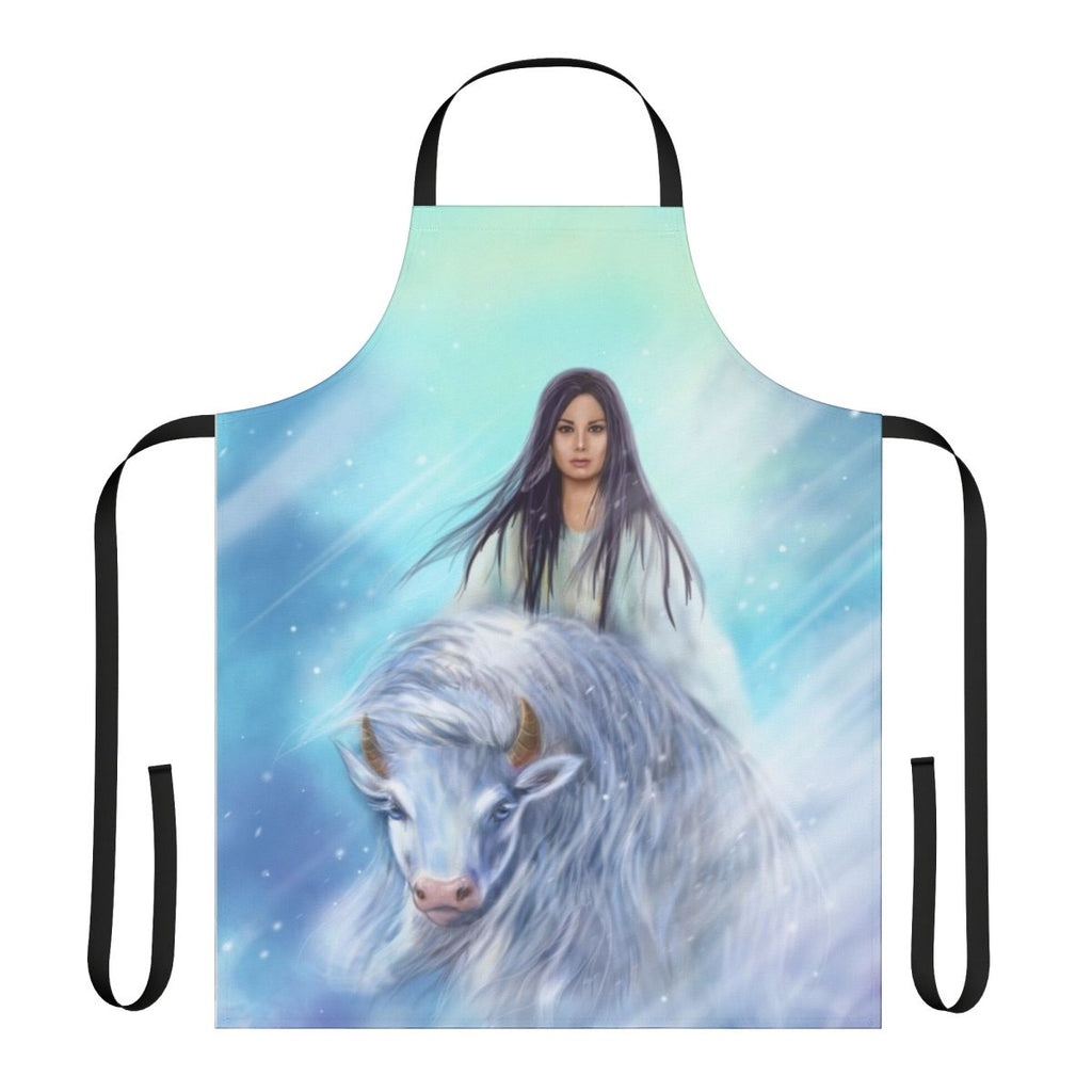 White buffalo calf woman inspired blue apron with historical folklore design