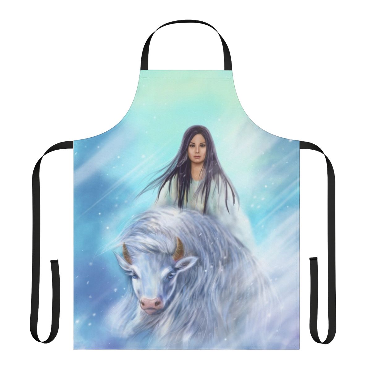 White buffalo calf woman inspired blue apron with historical folklore design