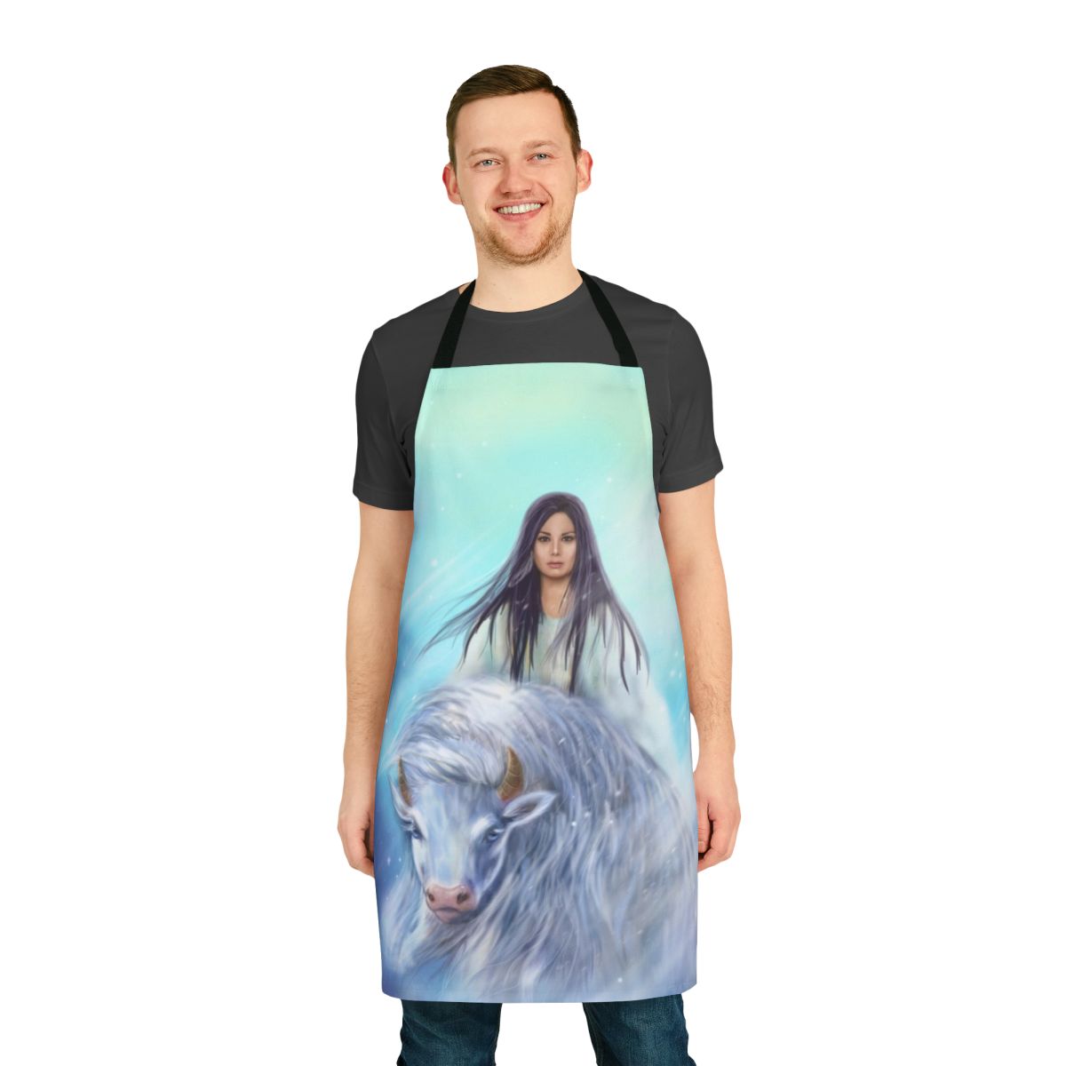 White buffalo calf woman inspired blue apron with historical folklore design