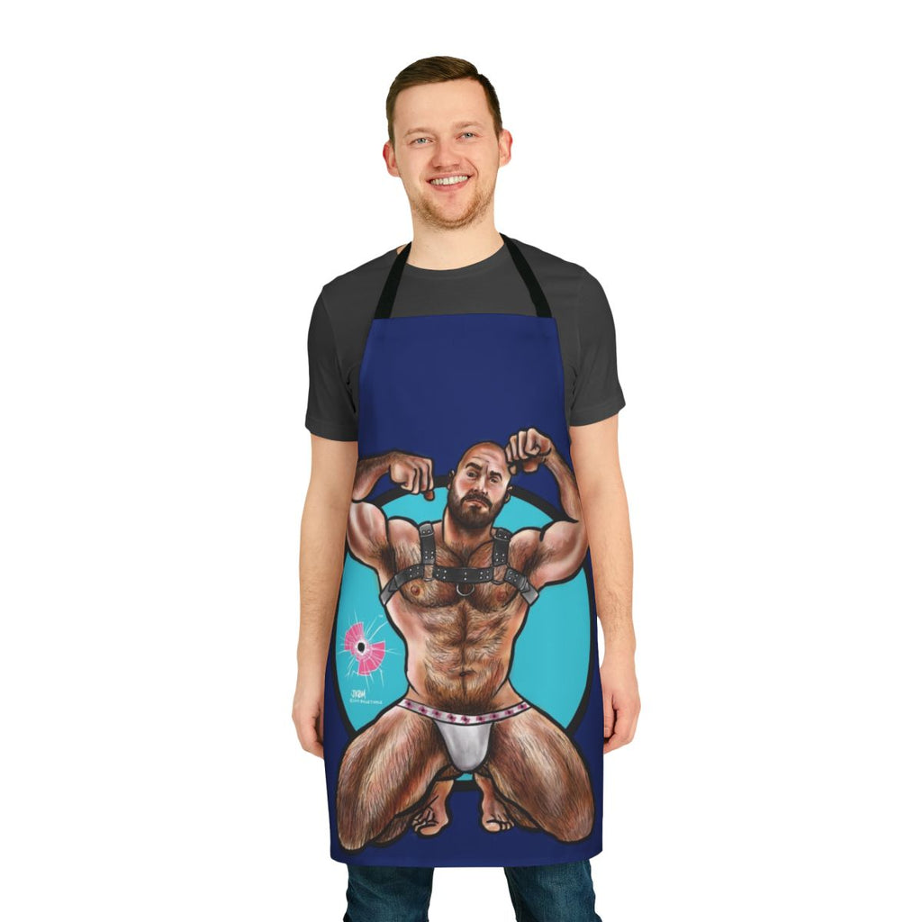 A handcrafted apron featuring a wiggly, piggly harness design, perfect for gay men who love muscle and erotic style.