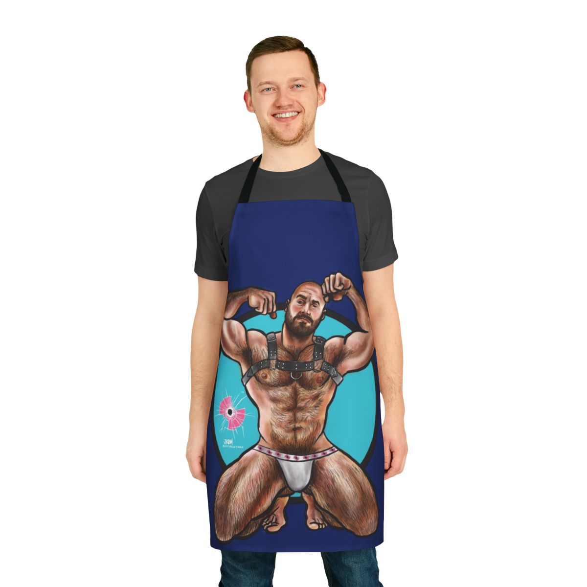 A handcrafted apron featuring a wiggly, piggly harness design, perfect for gay men who love muscle and erotic style.