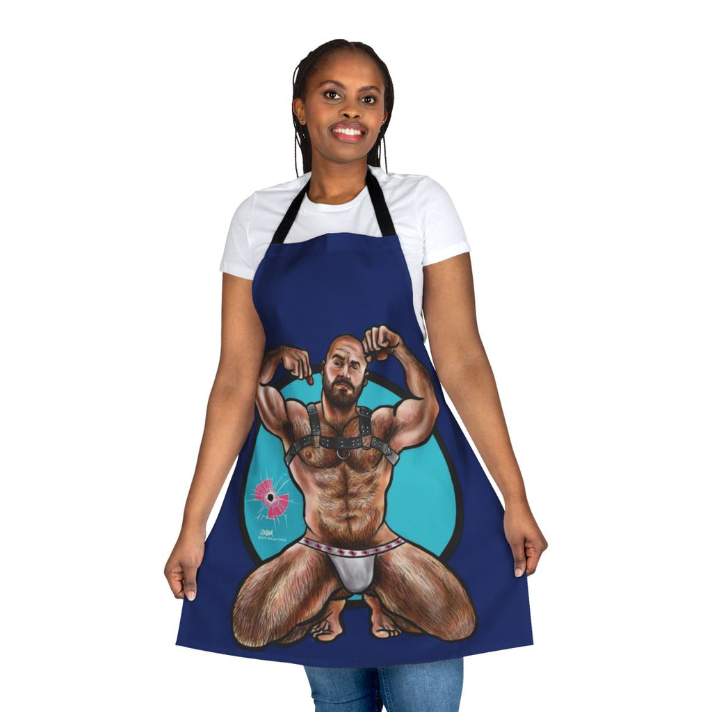 A handcrafted apron featuring a wiggly, piggly harness design, perfect for gay men who love muscle and erotic style.