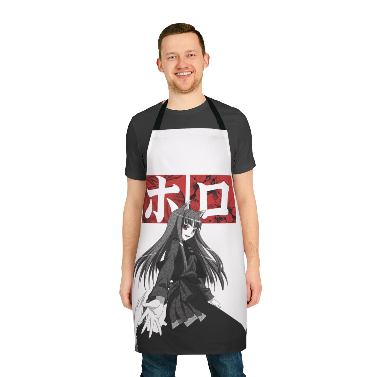 A stylish and functional apron featuring a wolf deity design, inspired by the anime and manga "Spice and Wolf".