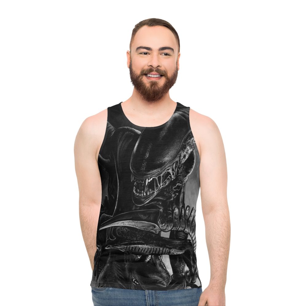 Handdrawn xenomorph alien on a unisex tank top