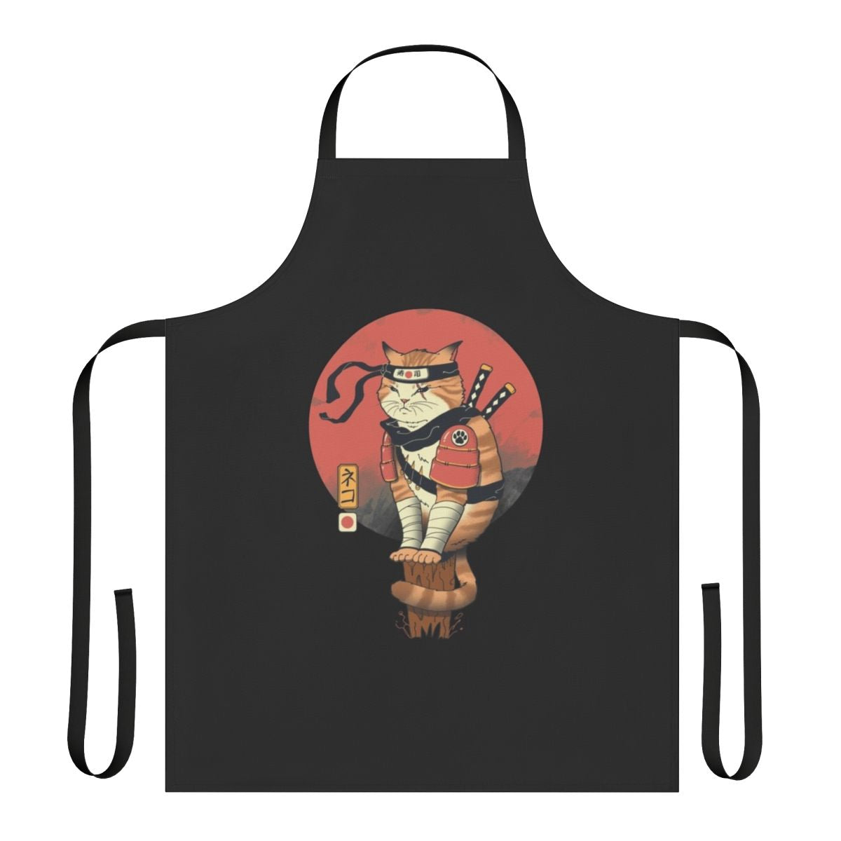 Handmade apron featuring a stylized cat in a shinobi or ninja costume, inspired by traditional Japanese art.