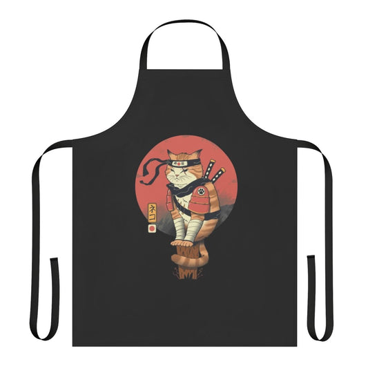 Handmade apron featuring a stylized cat in a shinobi or ninja costume, inspired by traditional Japanese art.