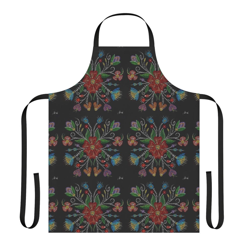 Handmade apron featuring a colorful dot painting design inspired by Métis art and culture.