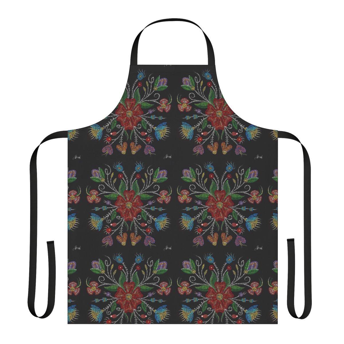 Handmade apron featuring a colorful dot painting design inspired by Métis art and culture.