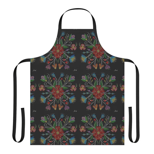 Handmade apron featuring a colorful dot painting design inspired by Métis art and culture.