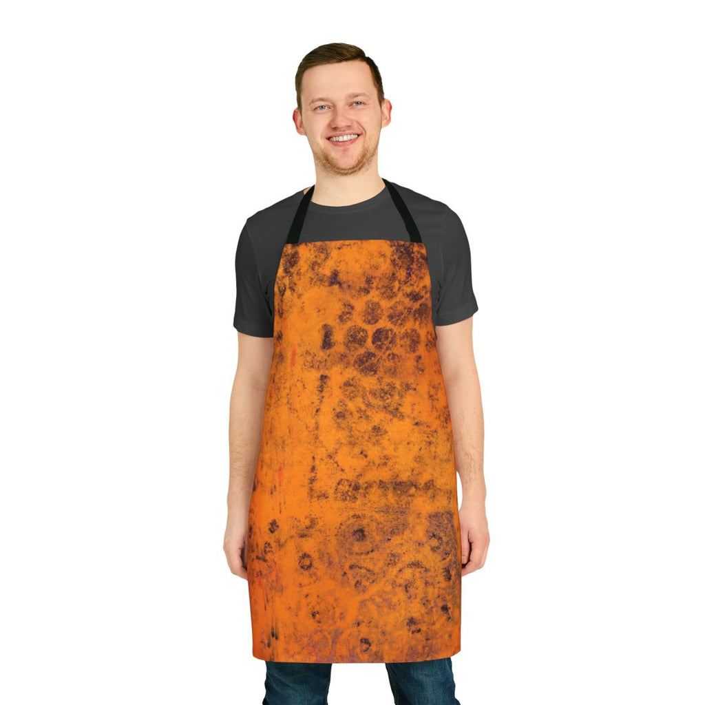 Colorful, hand-painted autumn foliage apron with abstract patterns and textures