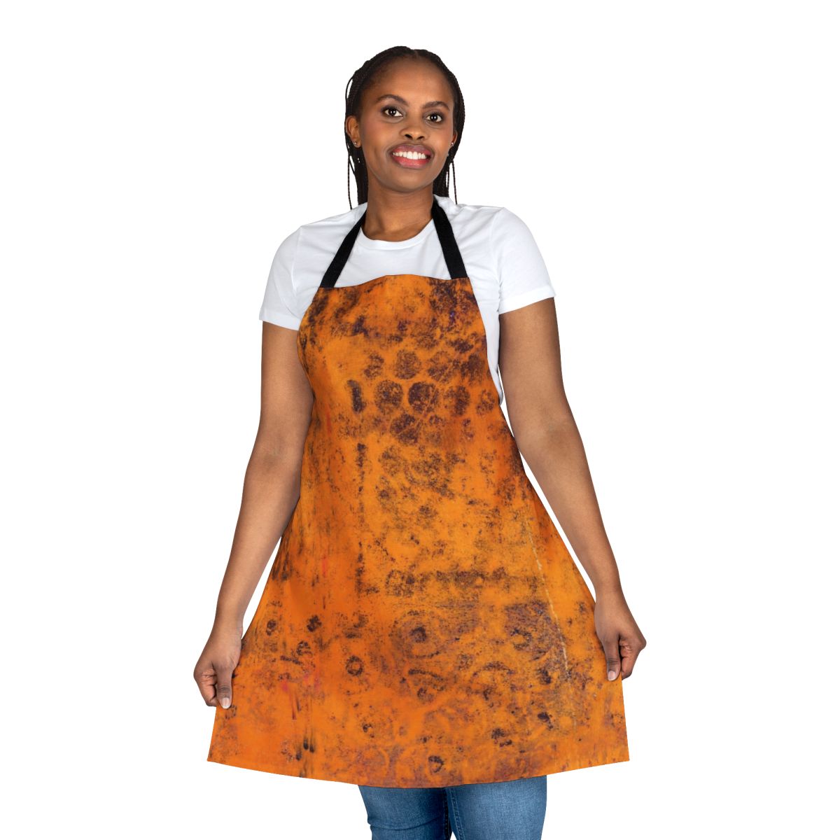 Colorful, hand-painted autumn foliage apron with abstract patterns and textures