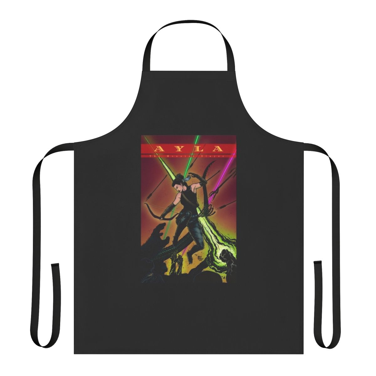 Handmade apron featuring the image of Ayla, the Navajo superhero monster slayer, jumping into battle.